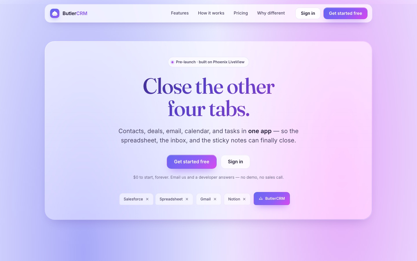 ButlerCRM landing page — "Close the other four tabs", the all-in-one CRM built on Phoenix LiveView