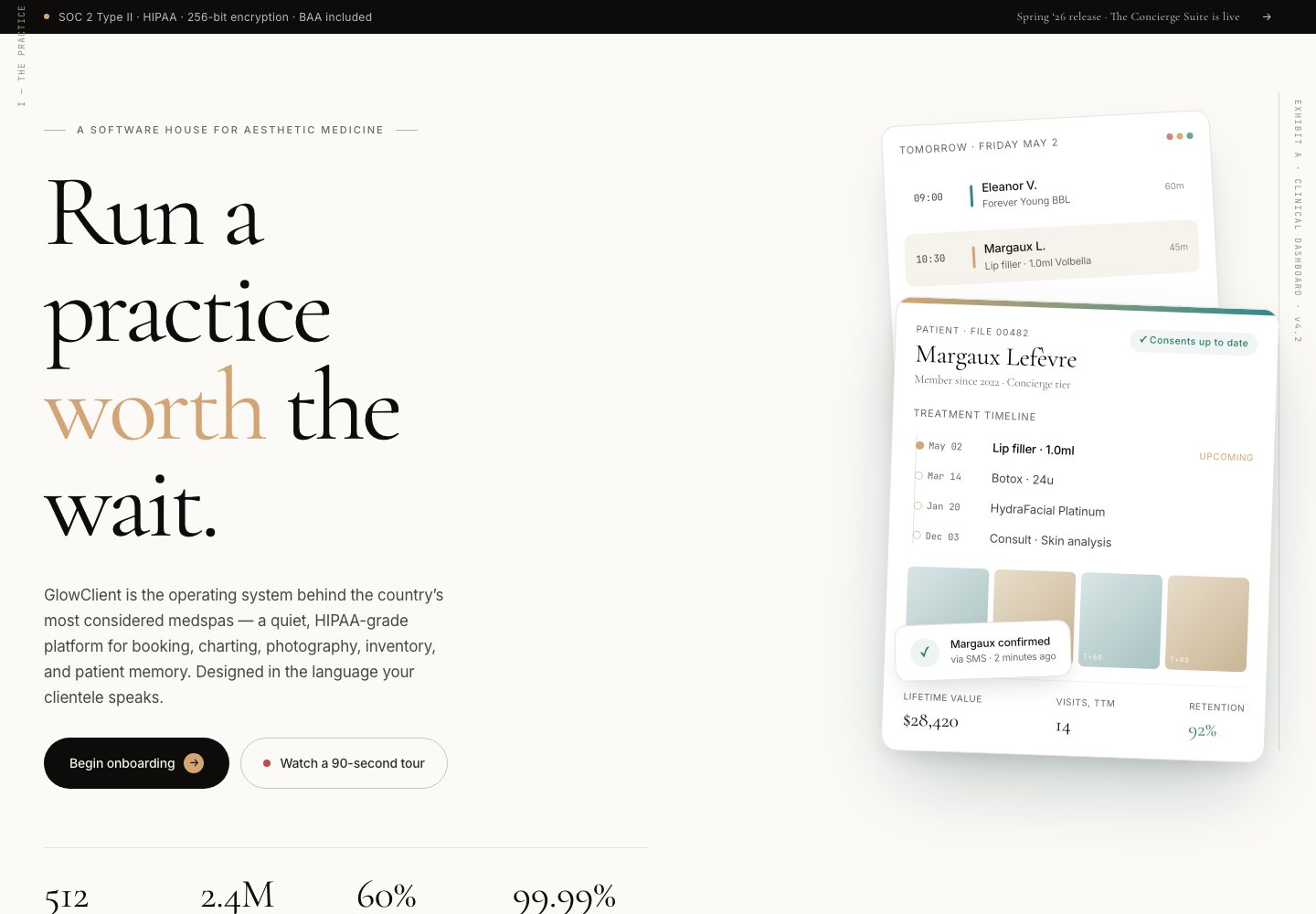 GlowClient live homepage for medical aesthetics practice management
