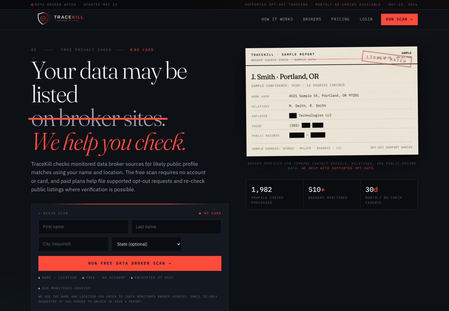 TraceKill live exposure scan homepage with broker-removal case file